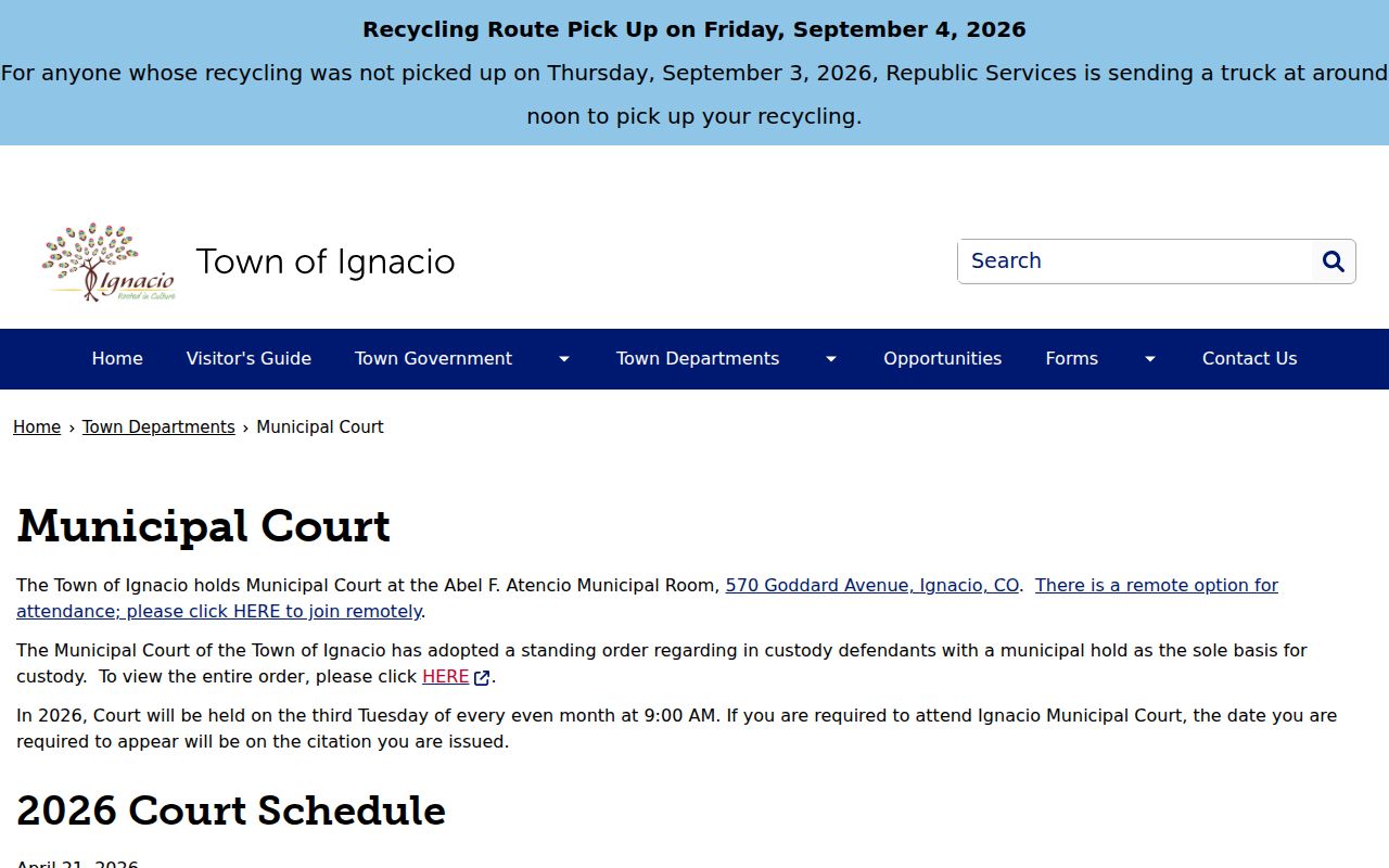 La Plata County traffic warrant route through Ignacio Municipal Court
